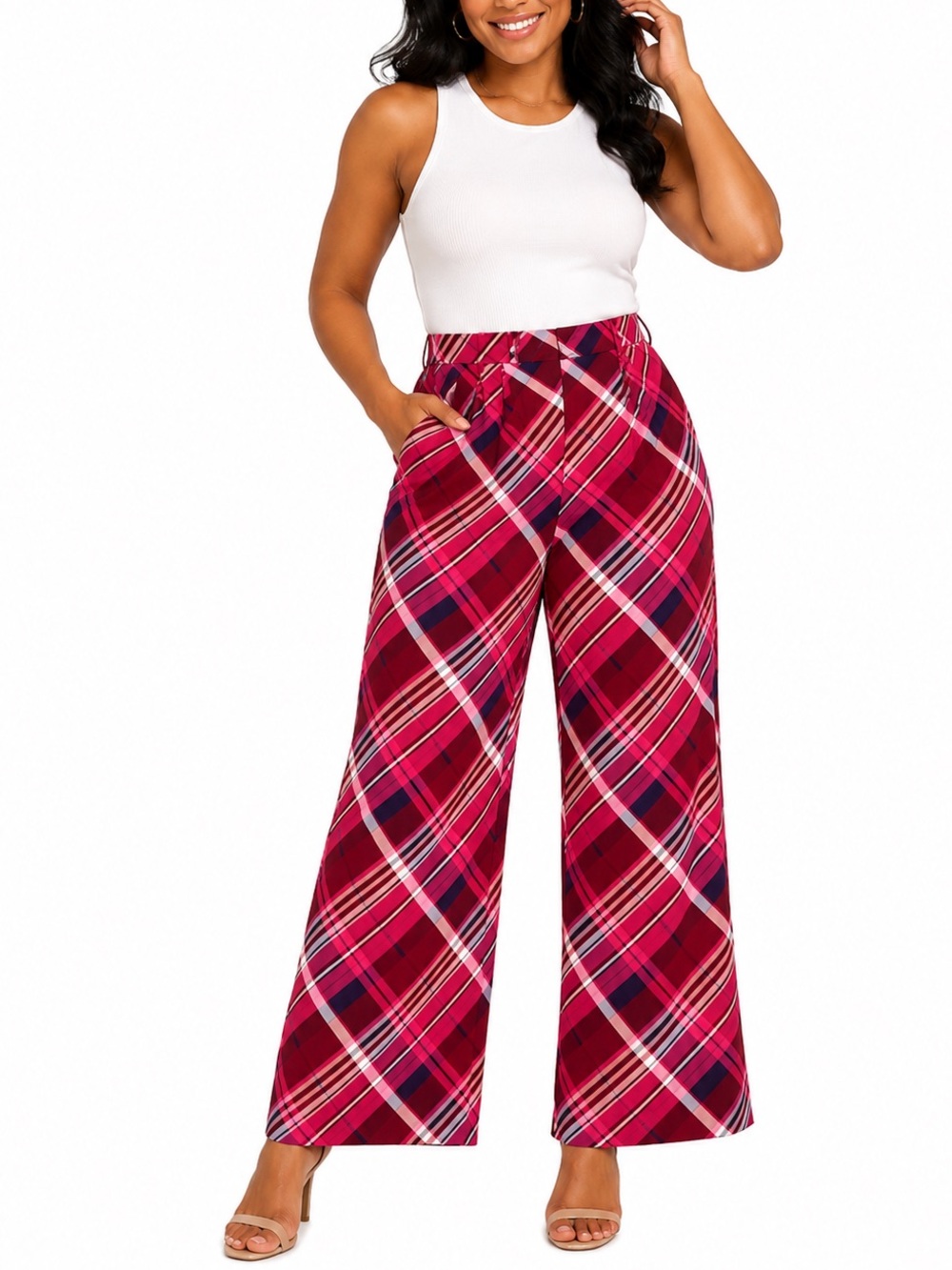 NWT New York & Company L Tall Fuchsia Purple Plaid Wide Leg Pants 34.5”